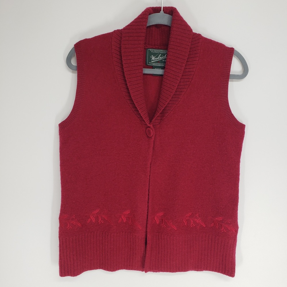 Woolrich Red 100% Wool Shawl Collar Sweater Vest Women Size MP Embroidered Holly